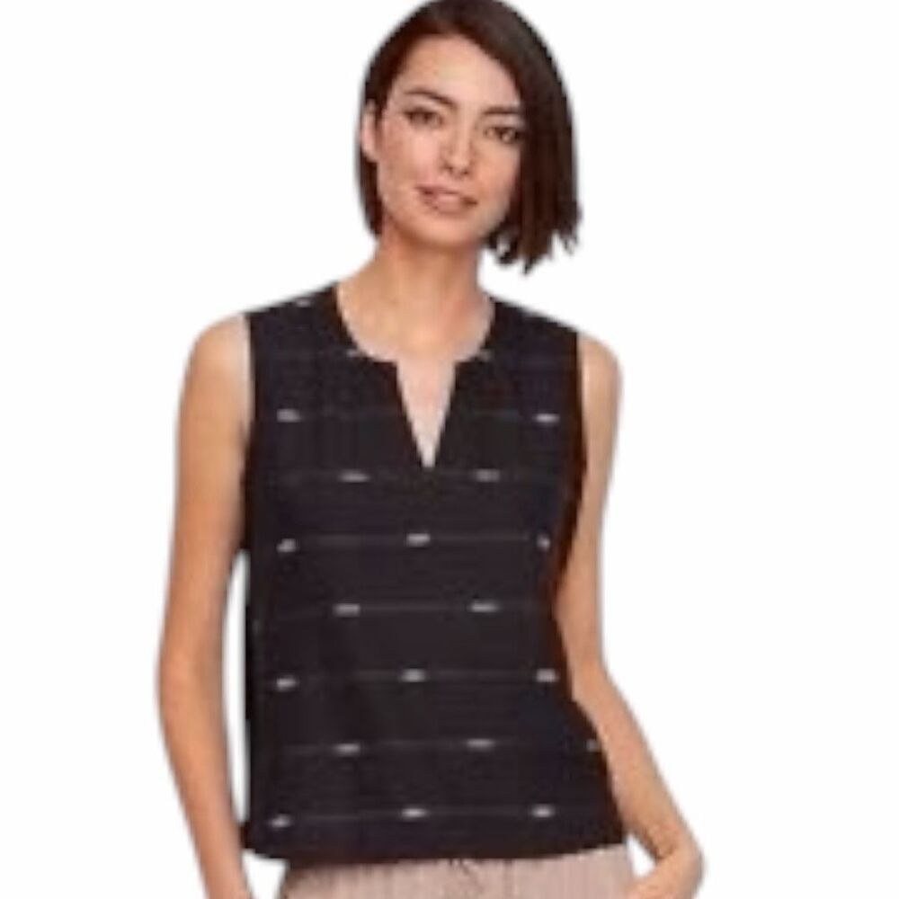 EILEEN FISHER Women’s Black Nomadic Stripe Split Neck Sleeveless Tank Top Medium